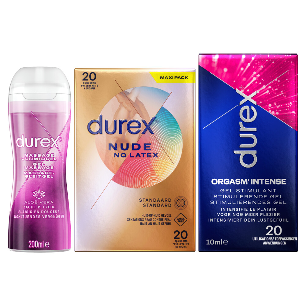 Durex - Nude No Latex Condooms 20 stuks, Play Massage Gel 2 in 1 Aloë Vera 200 ml&Orgasm Intense Play Glijmiddel 50 ml - Pakket