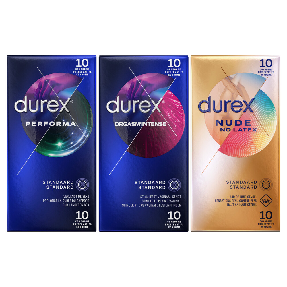 Durex Orgasm Intense Condooms 10 stuks, Performa Condooms 10 stuks&Nude No Latex Condooms 1 stuks Pakket