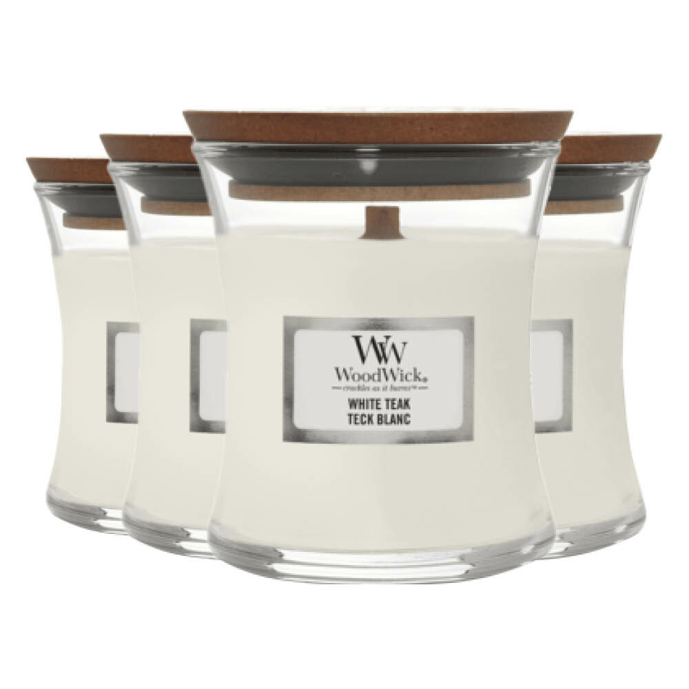 4x WoodWick Geurkaars Mini White Teak 85 gr