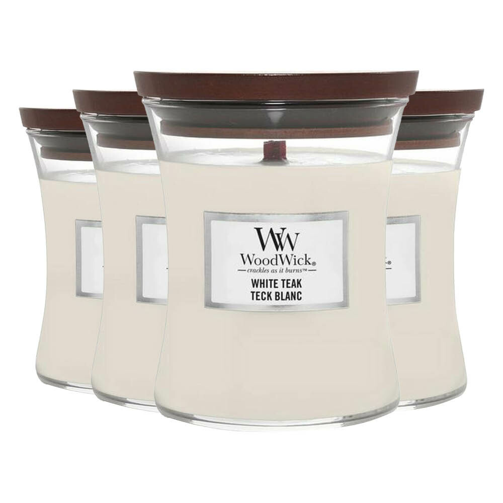 4x WoodWick Geurkaars Medium White Teak 275 gr