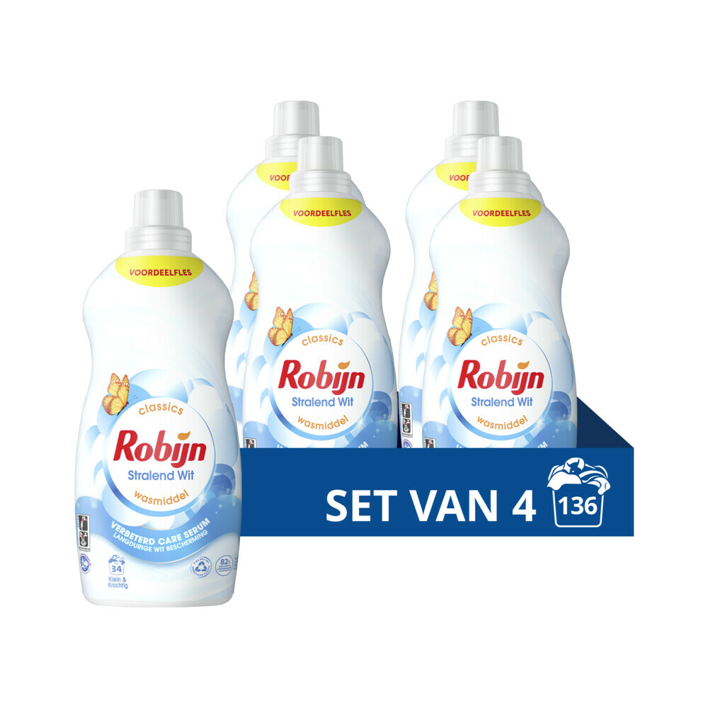 4x Robijn Klein&Krachtig Wasmiddel Stralend Wit 34 Wasbeurten 1,19 liter