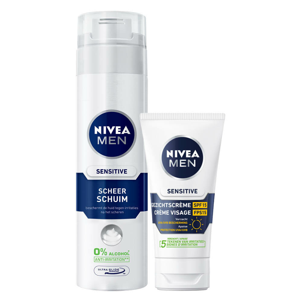 Nivea Men Sensitive 1x Moisturizer Sensitive SPF 15 75 ml&1x Scheerschuim Sensitive 250 ml Pakket