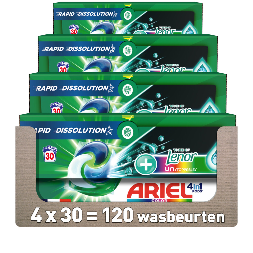 4x Ariel 4in1 Pods Wasmiddelcapsules Color Lenor Unstoppables 30 stuks