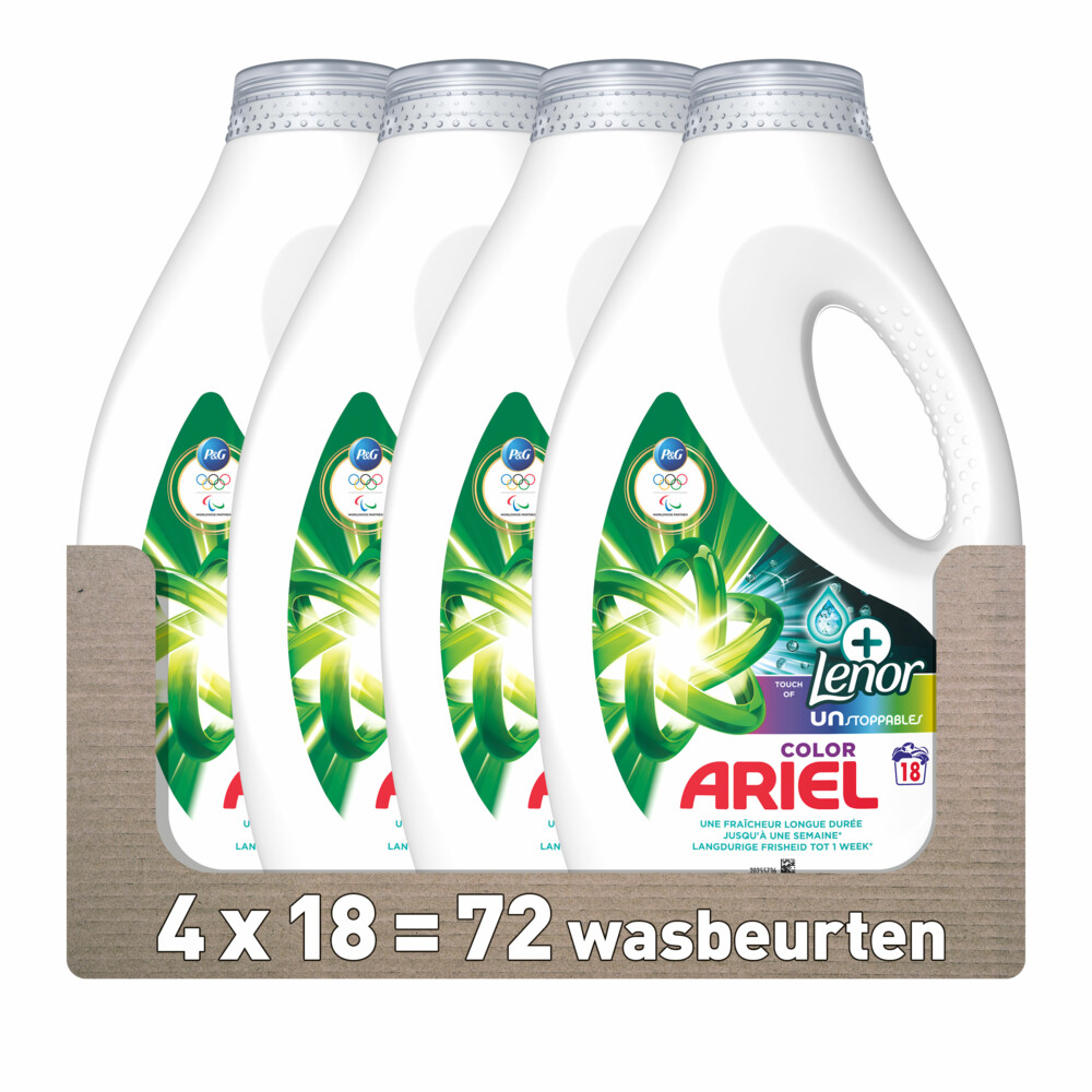 4x Ariel Vloeibaar Wasmiddel +Touch Van Lenor Unstoppables 18 Wasbeurten 810 ml