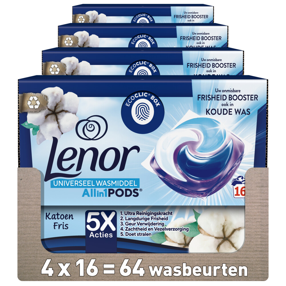 4x Lenor Wasmiddel All-in-1 Pods Katoen Fris 16 stuks