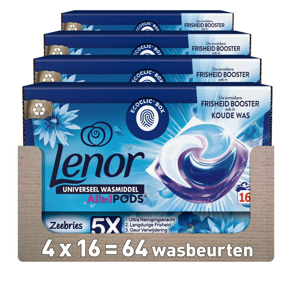 4x Lenor Wasmiddel All-in-1 Pods Zeebries 16 stuks