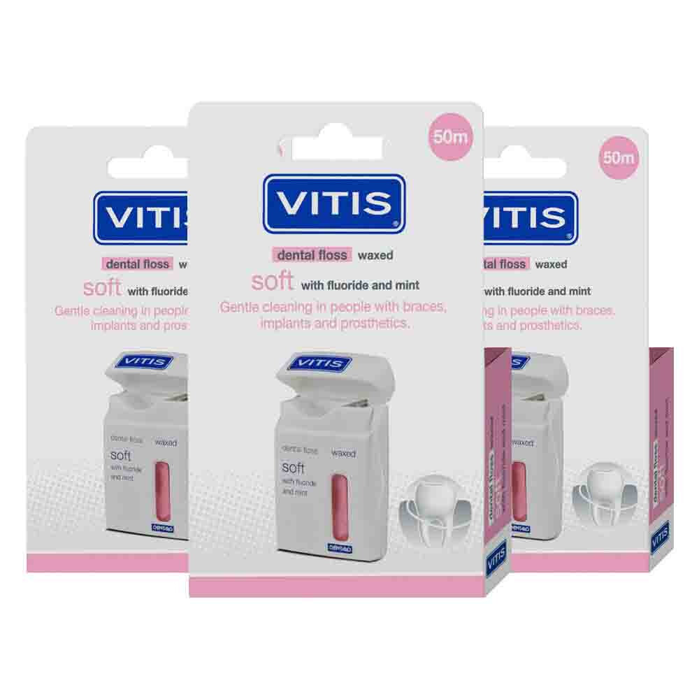 3x Vitis Waxed Dental Floss Fluoride&Mint 50 meter