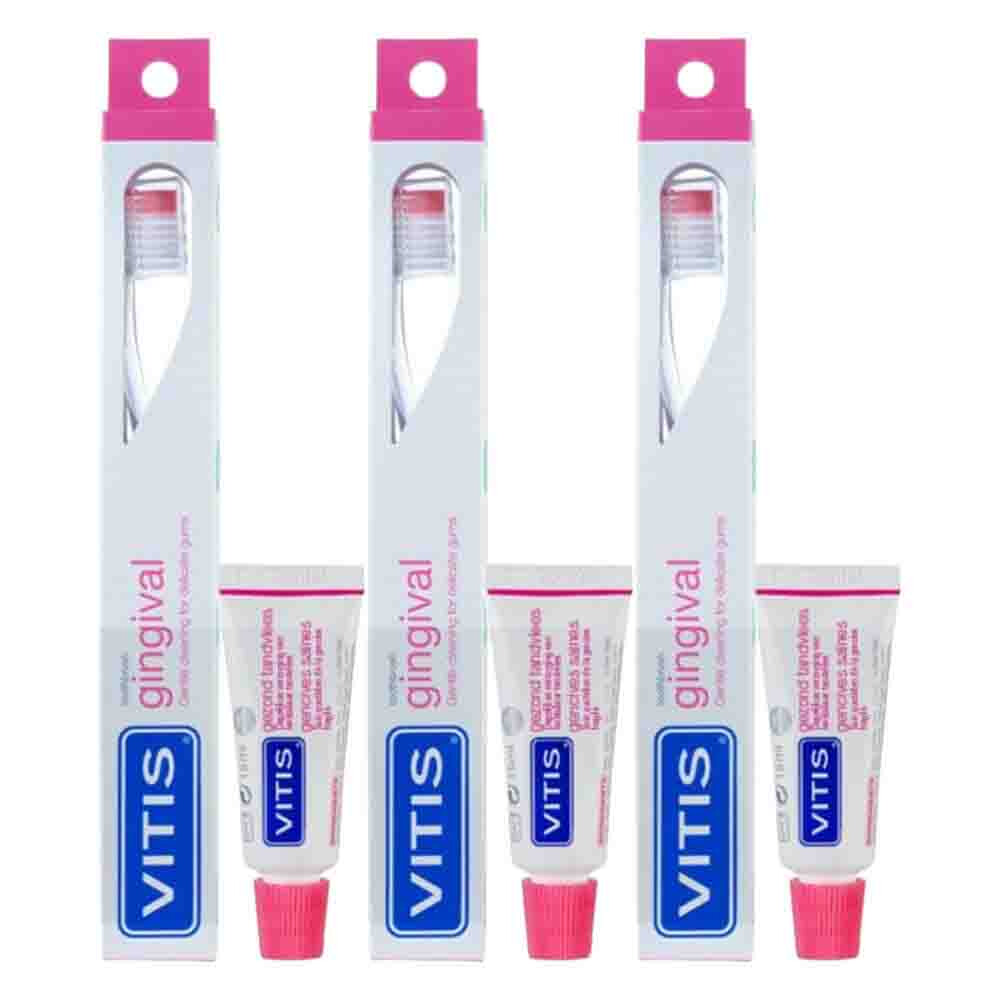 3x Vitis Tandenborstel + Mini Tandpasta Gezond Tandvlees 1 stuk