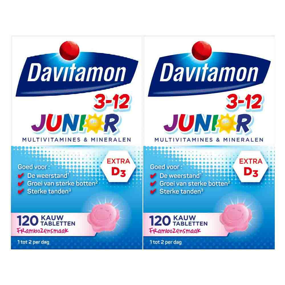 2x Davitamon Junior 3+ Kauwvitamines Framboos 120 kauwtabletten