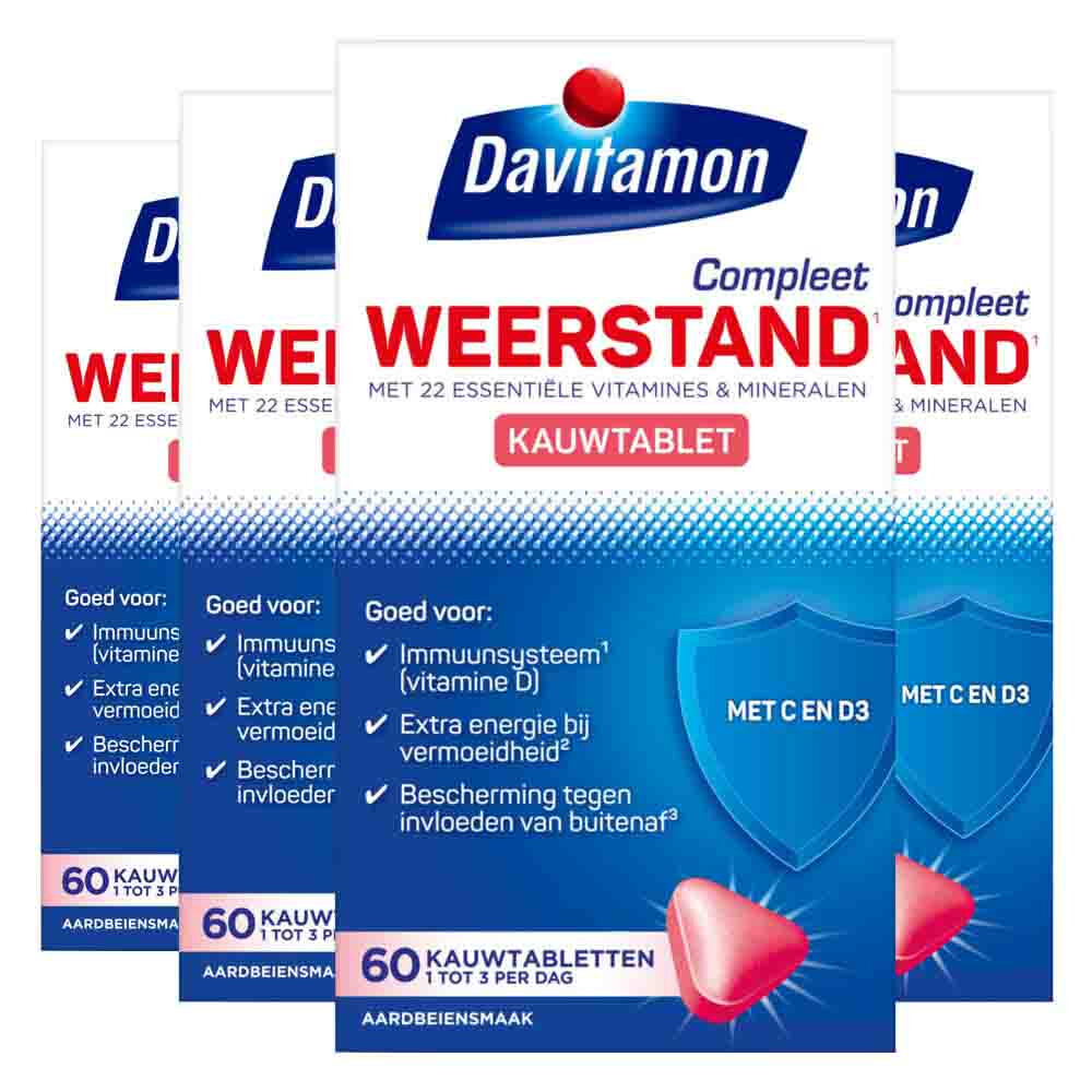4x Davitamon Compleet Weerstand Kauwvitamines Aardbei 60 kauwtabletten