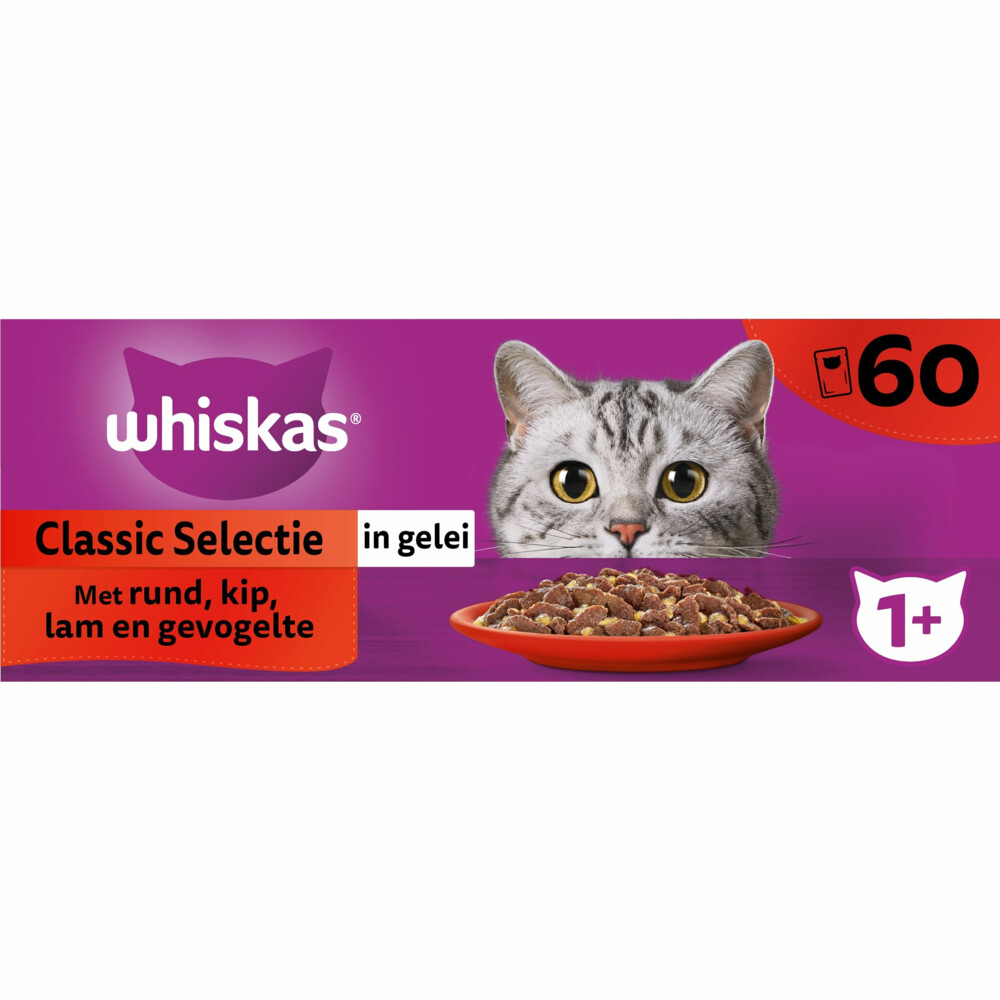Whiskas 1+ Classic Selectie In Gelei Maaltijdzakjes Multipack Kattenvoer Rund Kip Lam 60x85 g