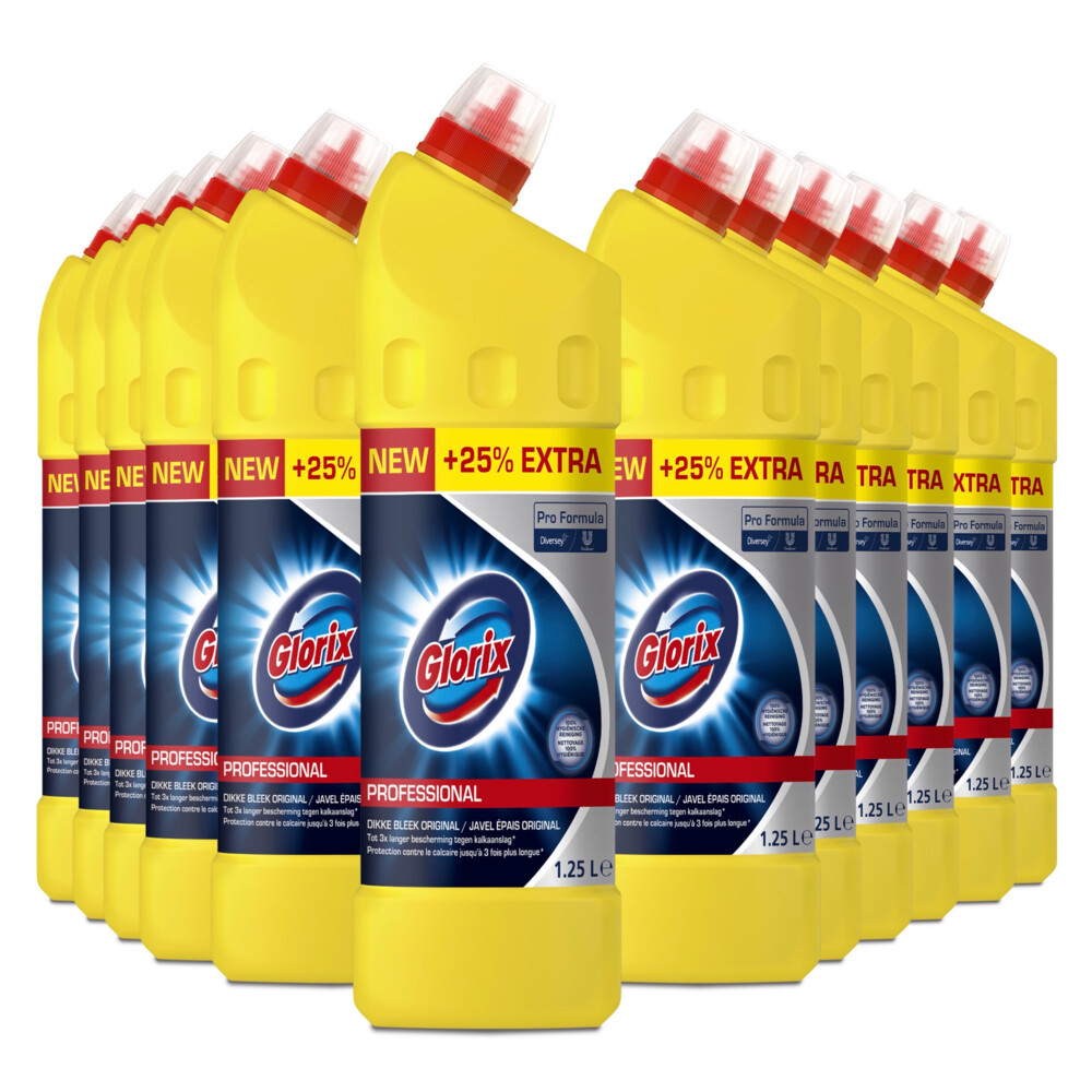 12x Glorix Pro Formula Toiletreiniger Dikke Bleek Original 1,25 liter