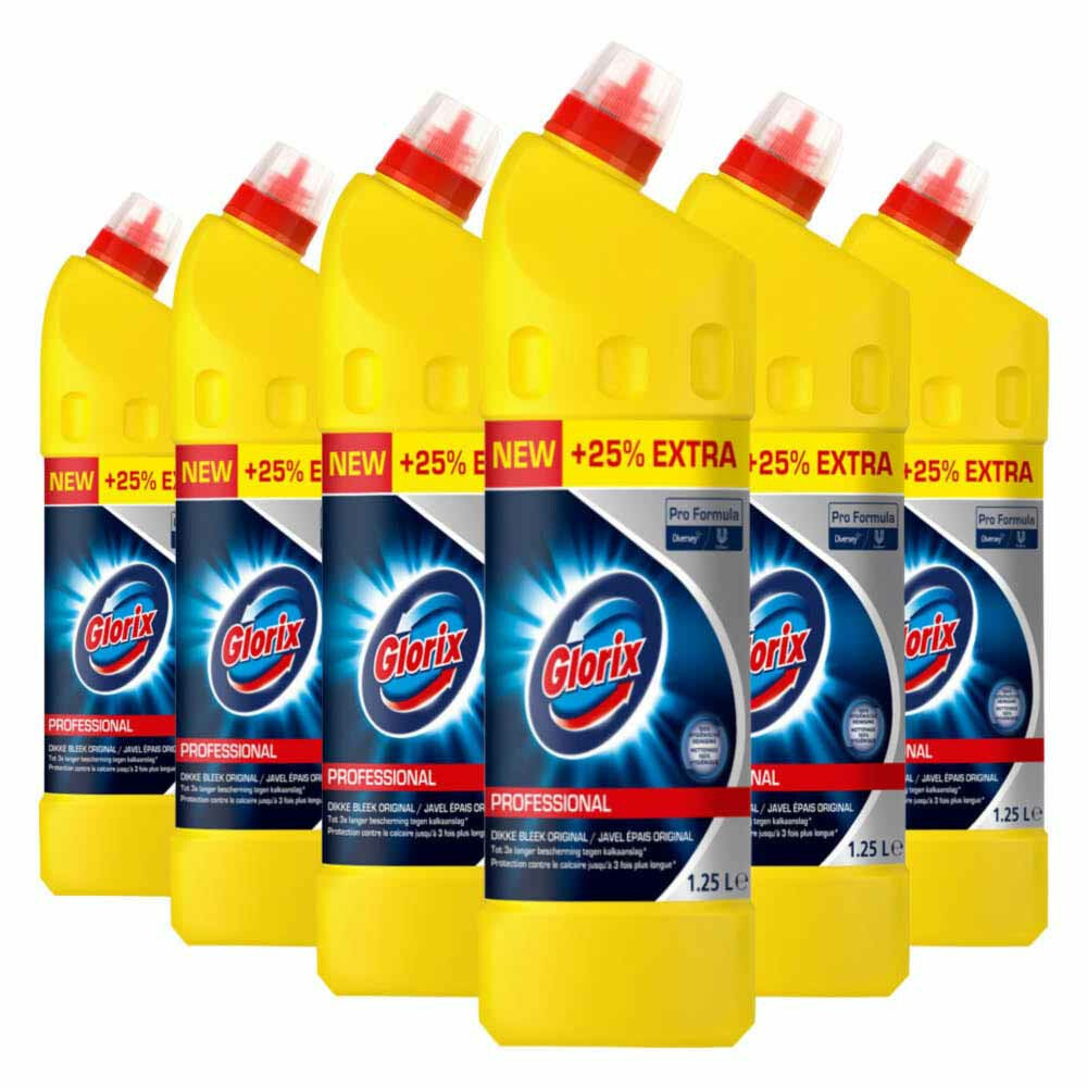 6x Glorix Pro Formula Toiletreiniger Dikke Bleek Original 1,25 liter