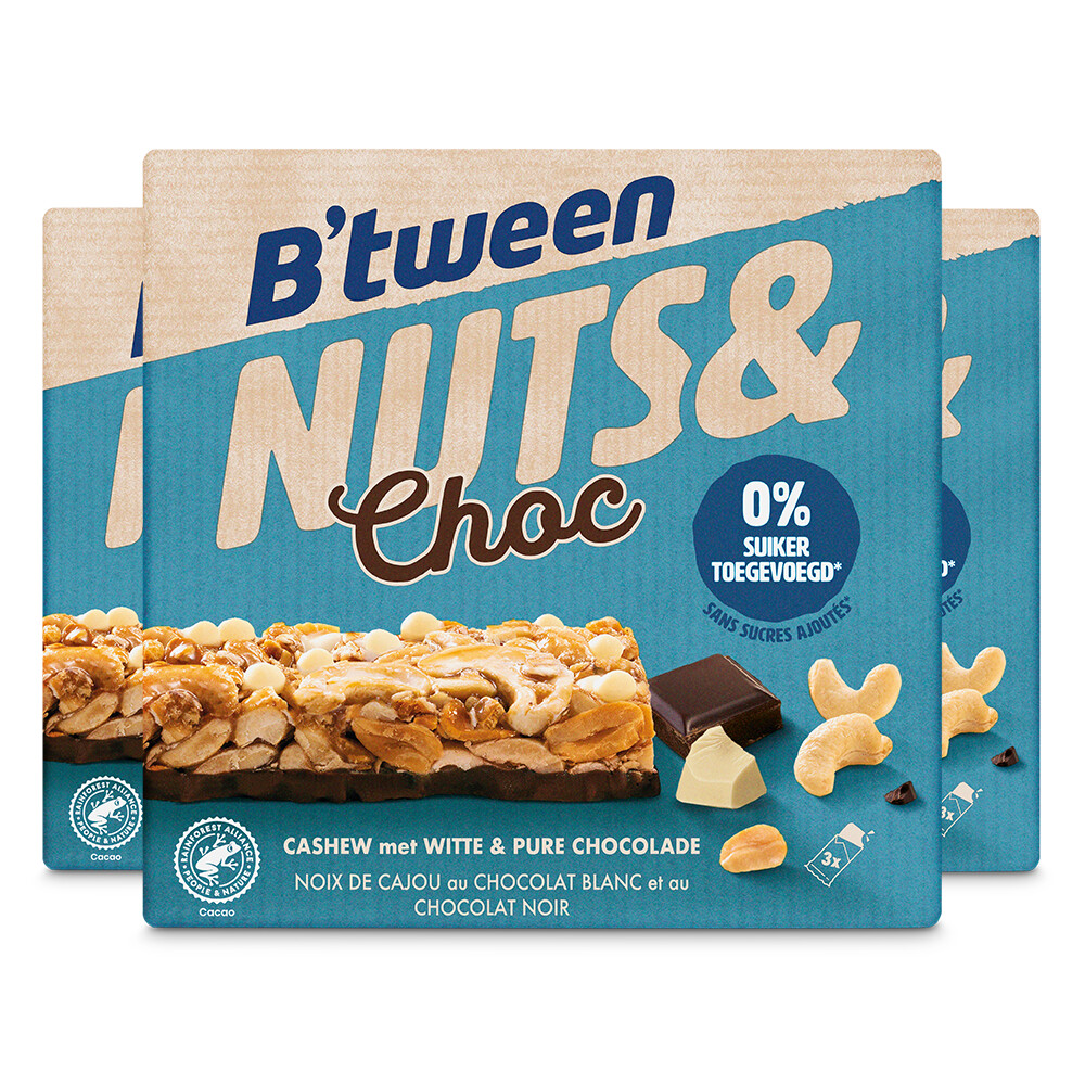 3x Hero B'tween Nuts&Choc Cashew Chocolade Wit Puur 3 x 32 gr