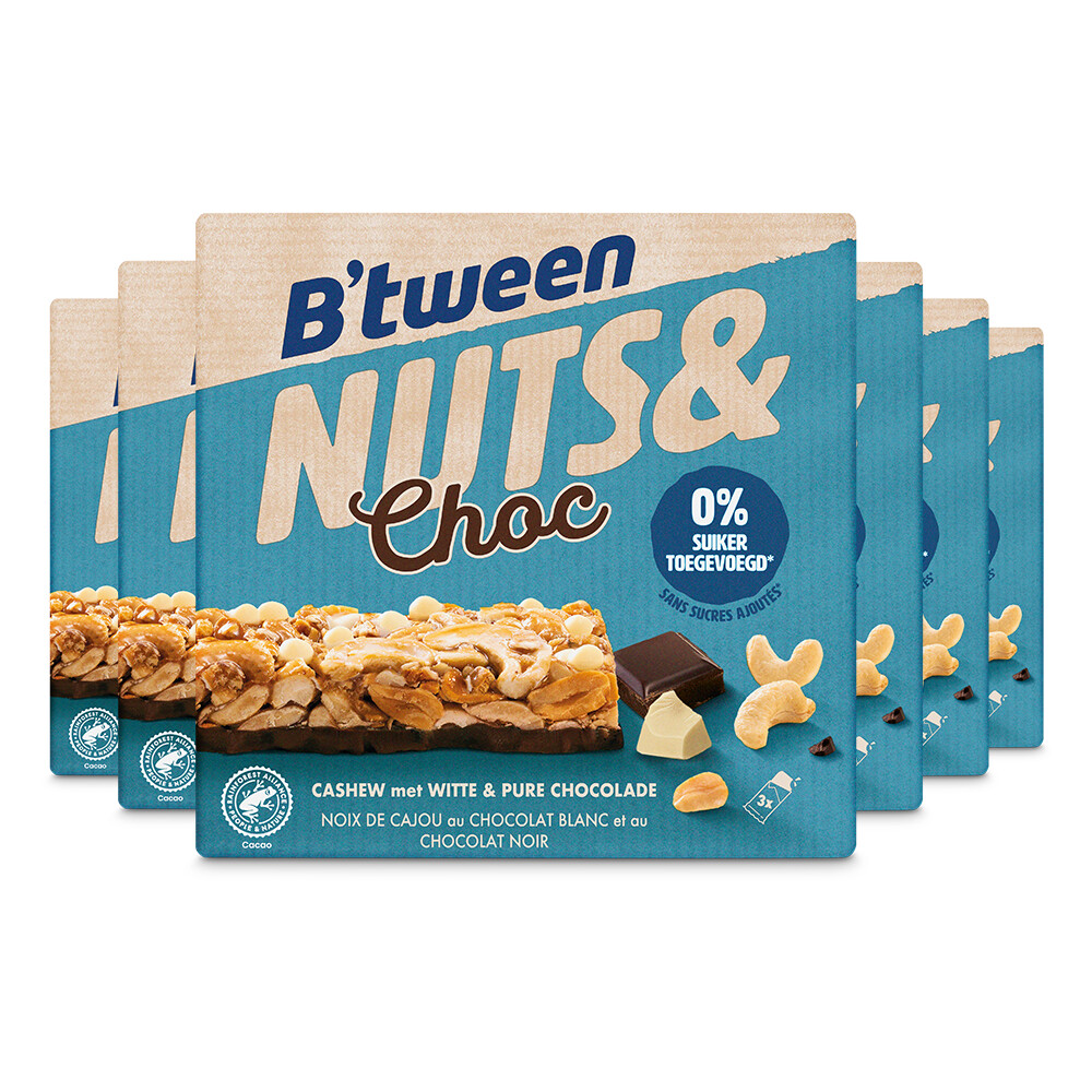 6x Hero B'tween Nuts&Choc Cashew Chocolade Wit Puur 3 x 32 gr