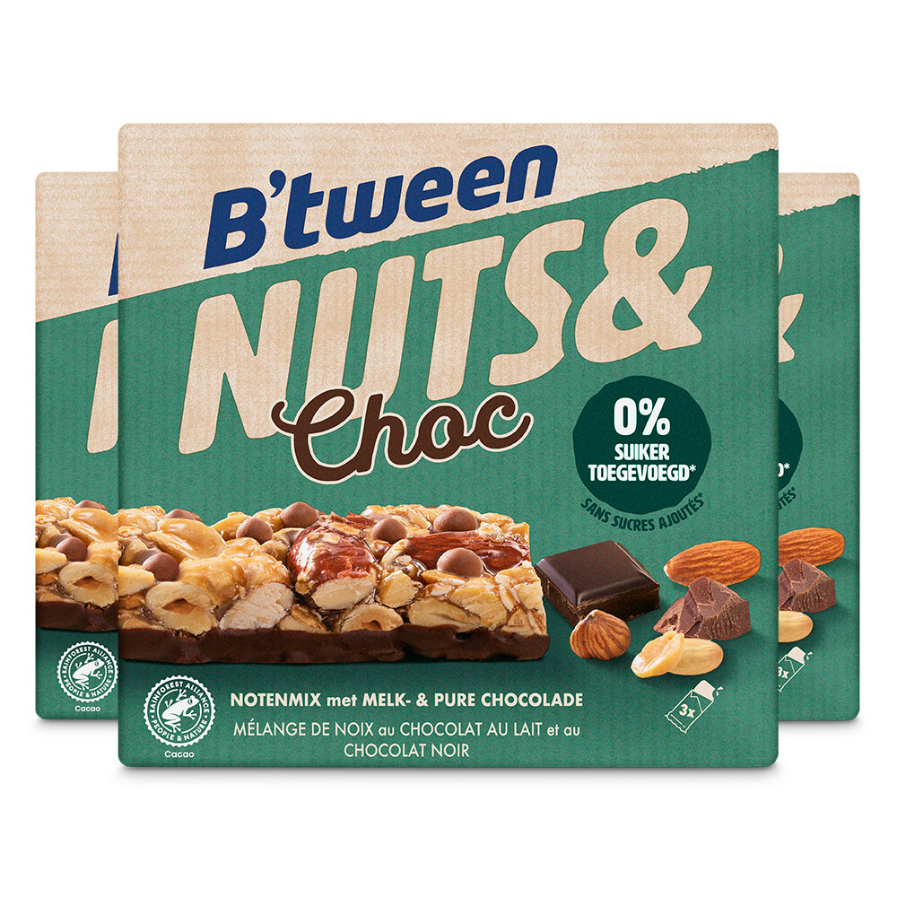 3x Hero B'tween Nuts&Choc Notenmix Chocolade Melk Puur 3 x 32 gr
