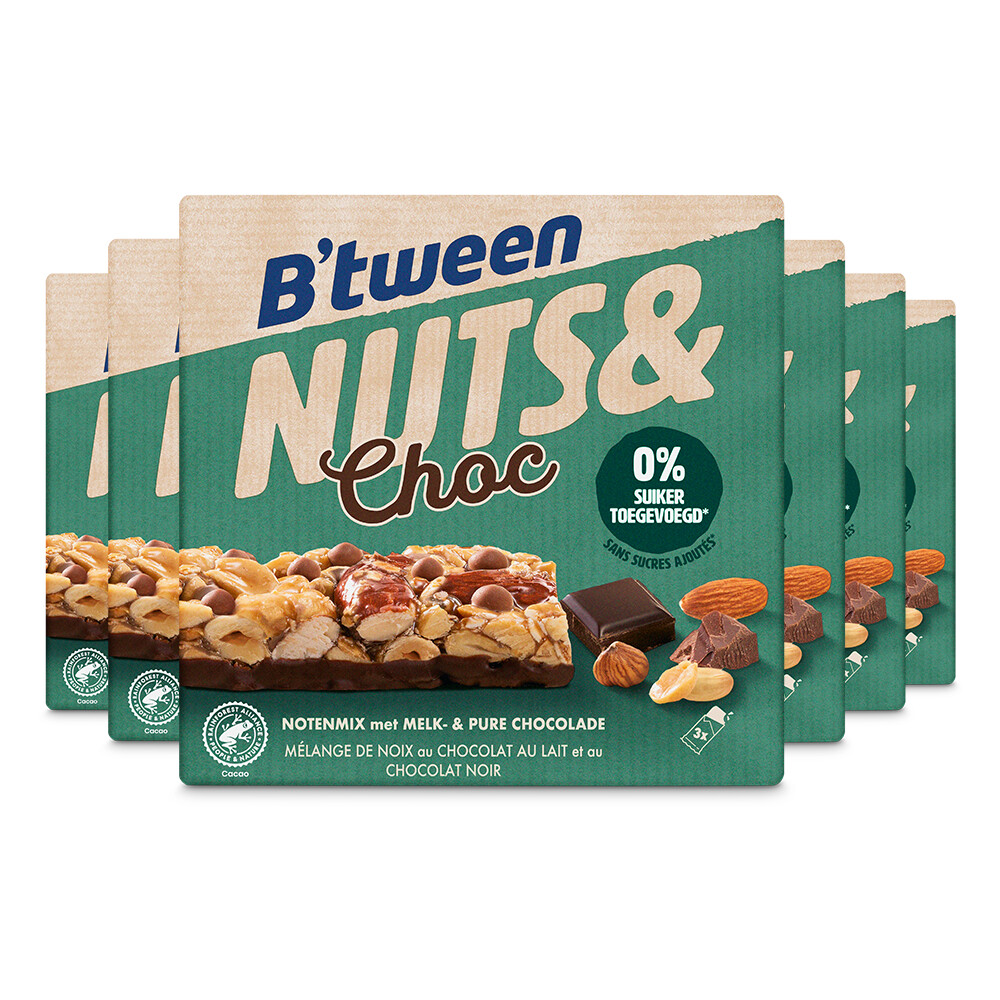 6x Hero B'tween Nuts&Choc Notenmix Chocolade Melk Puur 3 x 32 gr
