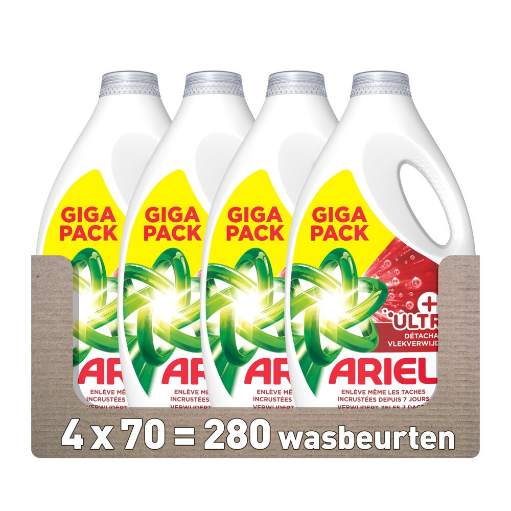 4x Ariel Vloeibaar Wasmiddel +Ultra Vlekverwijderaar 70 Wasbeurten 3150 ml