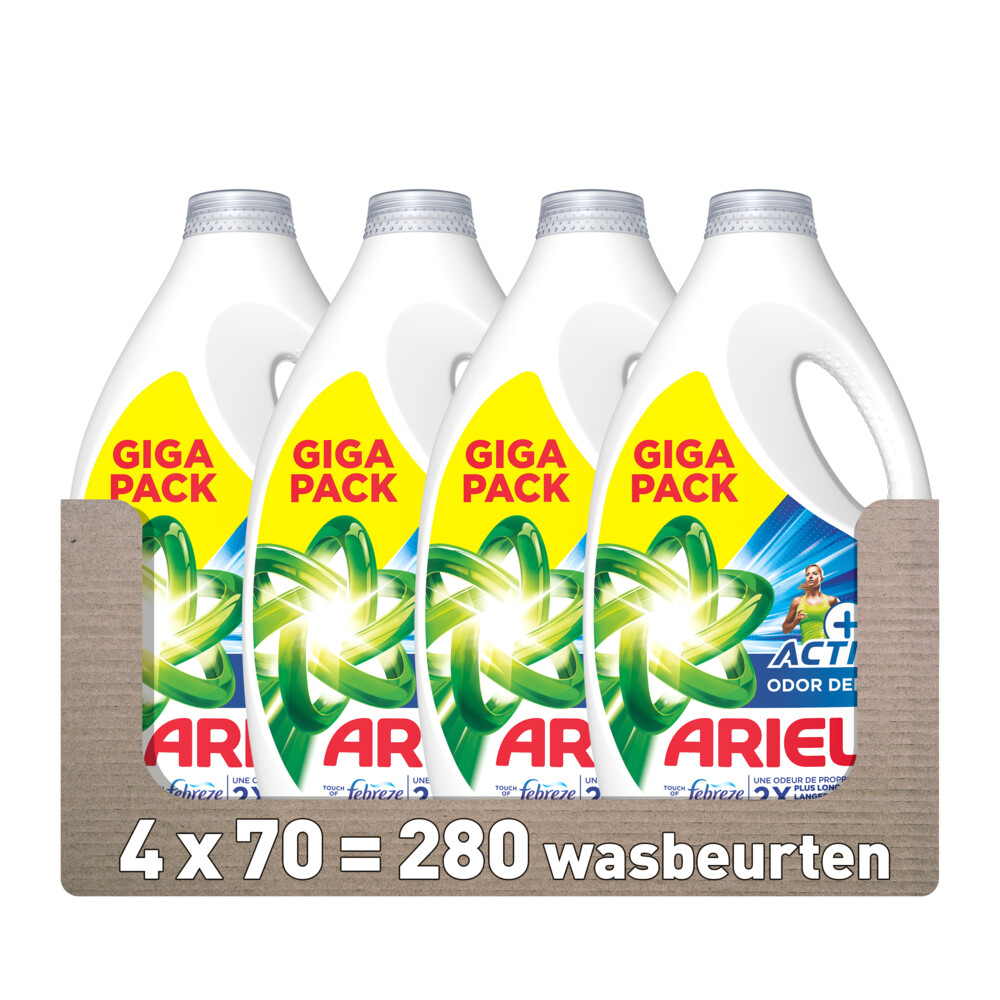 4x Ariel Vloeibaar Wasmiddel +Actieve Odor Defense 70 Wasbeurten 3150 ml