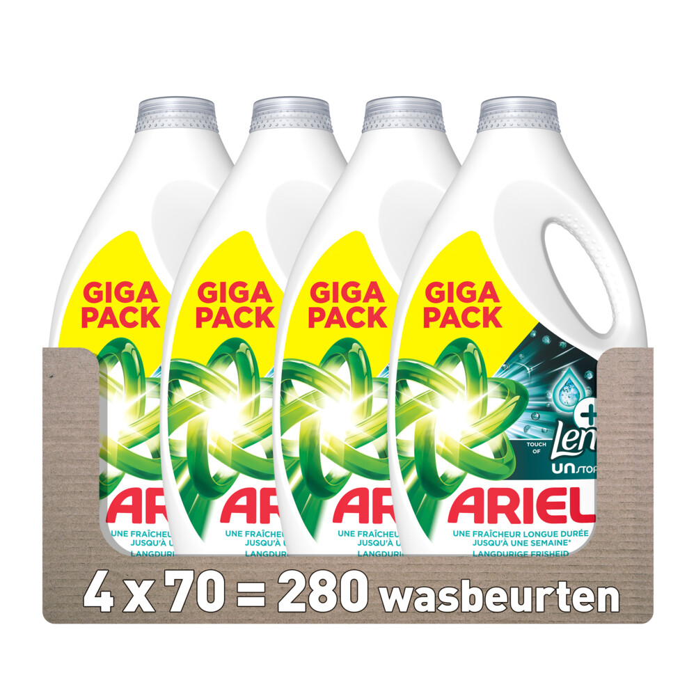 4x Ariel Vloeibaar Wasmiddel +Touch Van Lenor Unstoppables 70 Wasbeurten 3150 ml