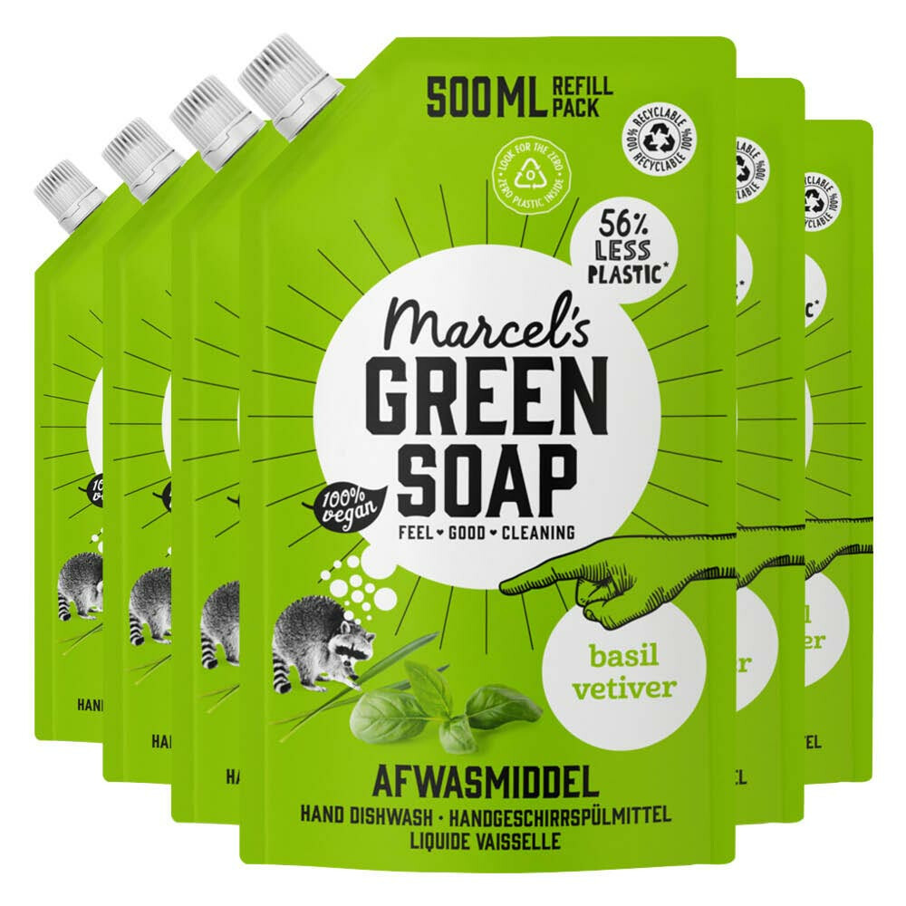 6x Marcel's Green Soap Afwasmiddel Basilicum&Vertivert Gras Navulling 500 ml