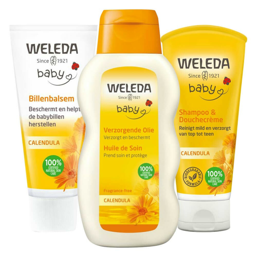 Weleda Baby Musthave Calendula Verzorgende Olie 1 x 200 ml, Billenbalsem 1 x 75 ml&Babyshampoo&Douch