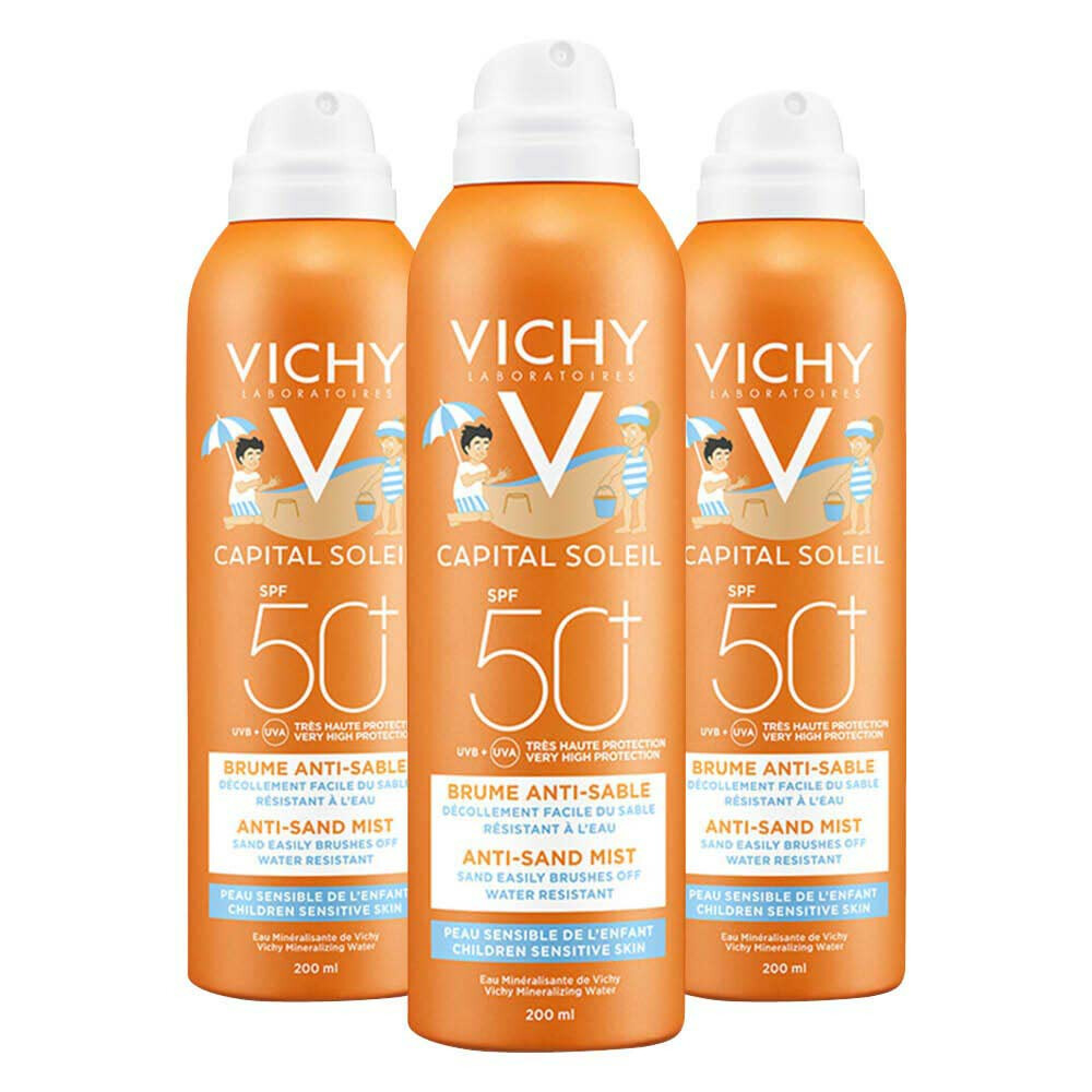 3x Vichy Capital Soleil Anti-Zand Mist Spray Voor Kinderen SPF 50+ 200 ml