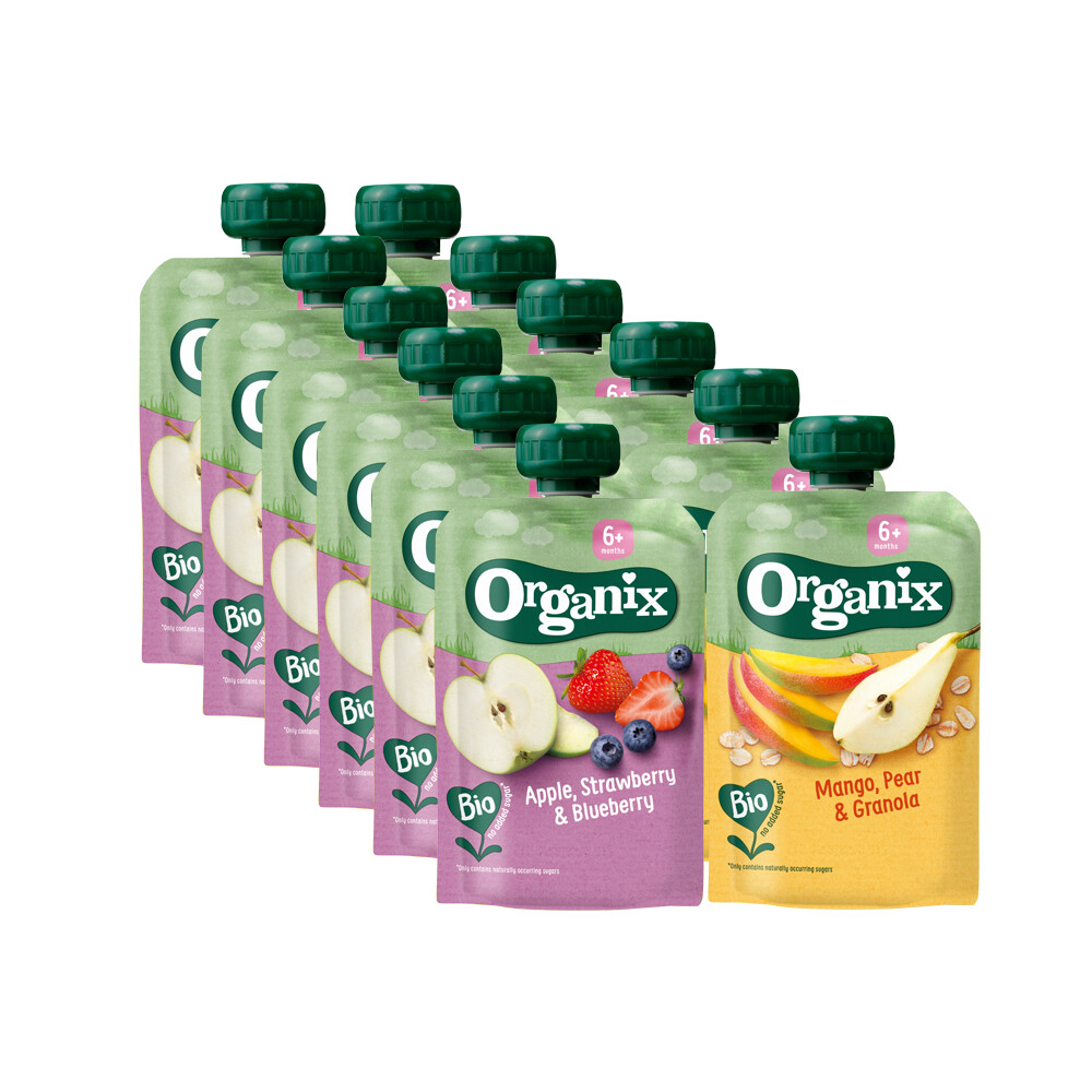 Knijpfruitpakket 6+m - Mango Peer&Granola 6x 100 gr&Appel Aardbei&Blauwe Bes 6x 100 gr - Pakket
