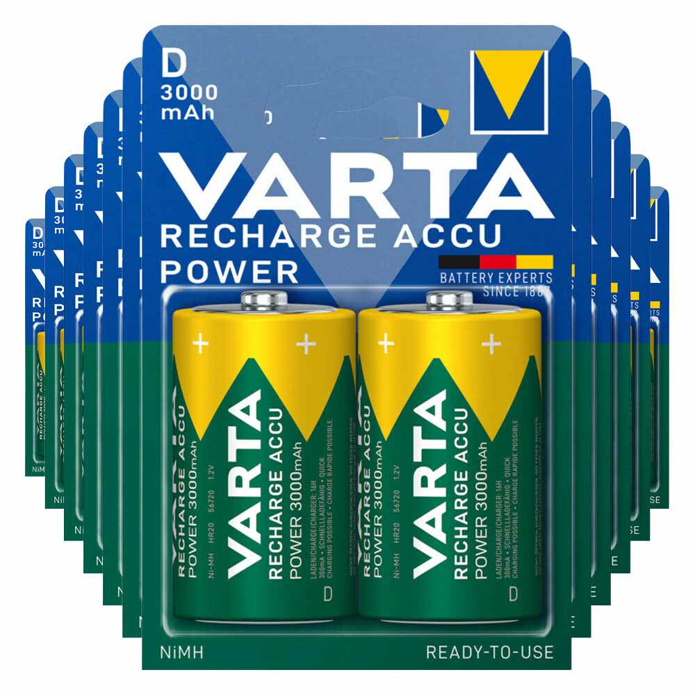 12x Varta Recharge Accu Power Oplaadbare Batterijen D 3000mAh 2 stuks