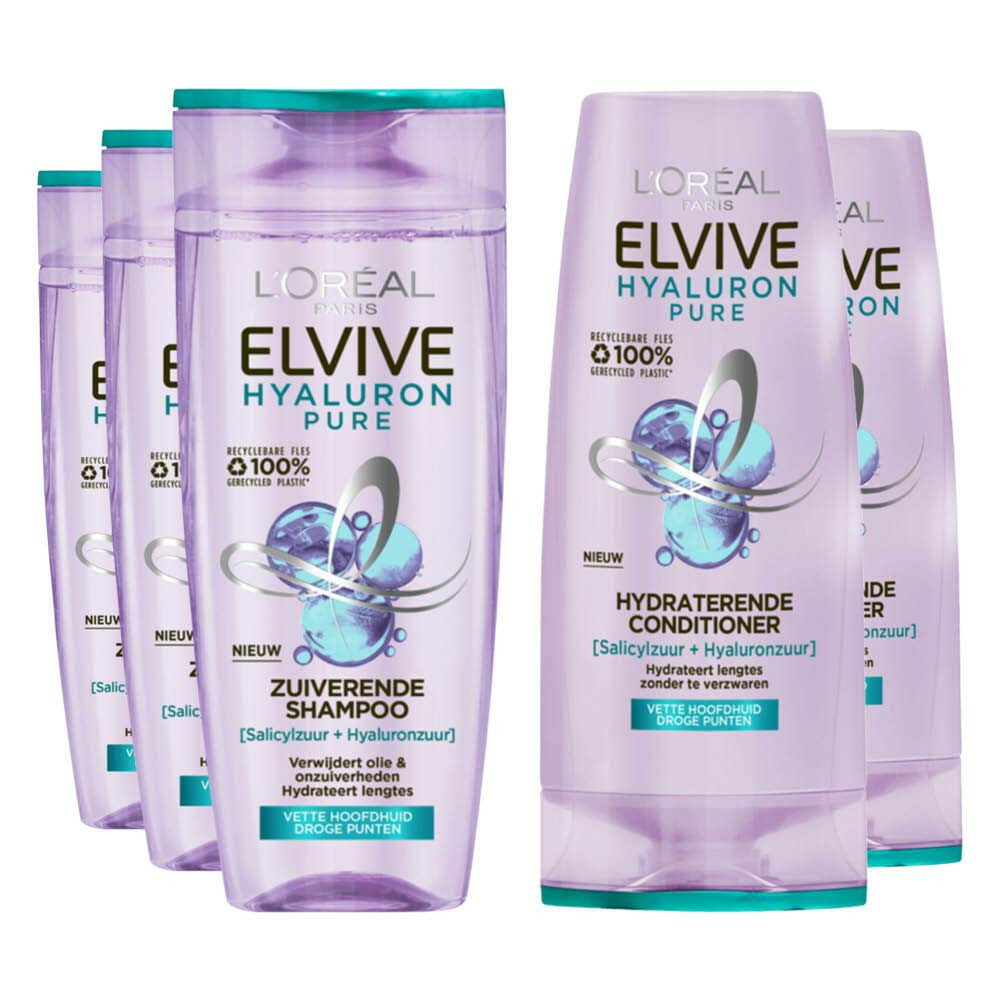 L'Oréal Elvive Hyaluron Pure Shampoo 3 x 250 ml&Conditioner 2 x 200 ml Pakket