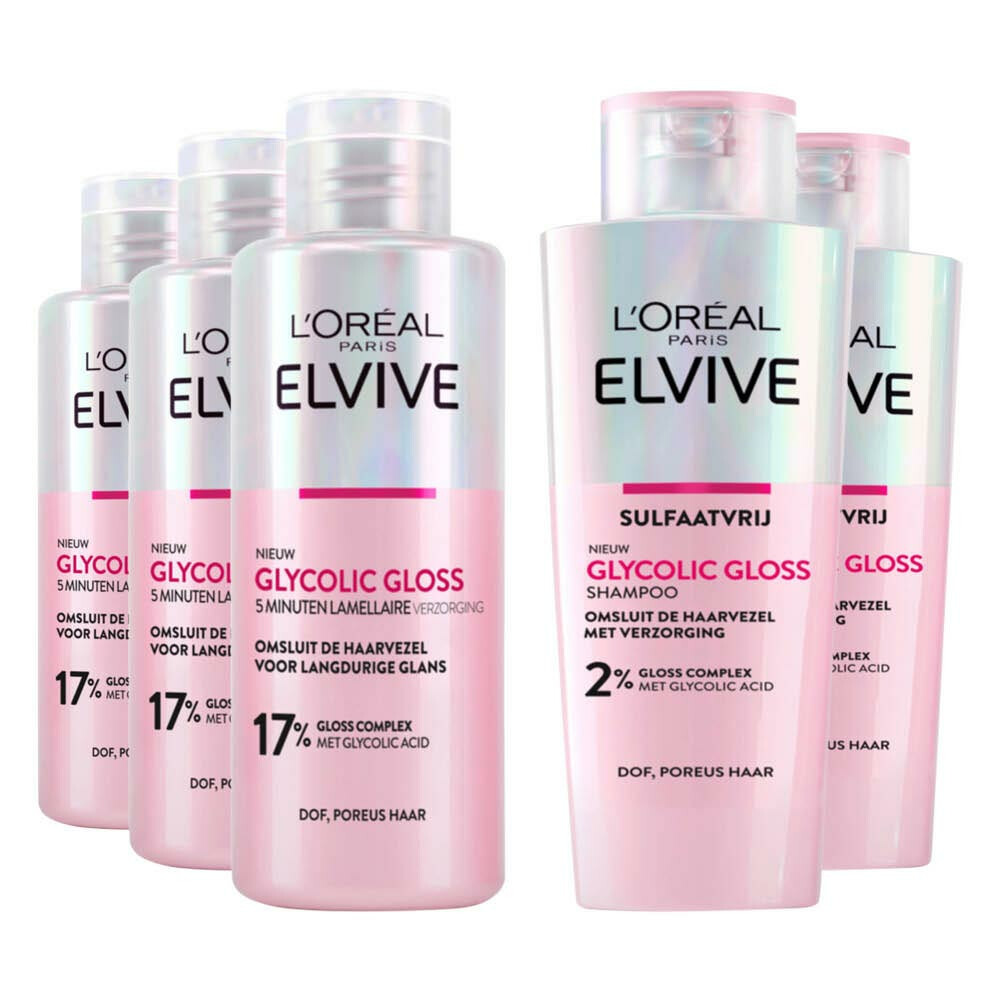 L'Oréal Elvive Glycolic Gloss - Shampoo 3 x 200 ml&Conditioner 2 x 200 ml - Pakket