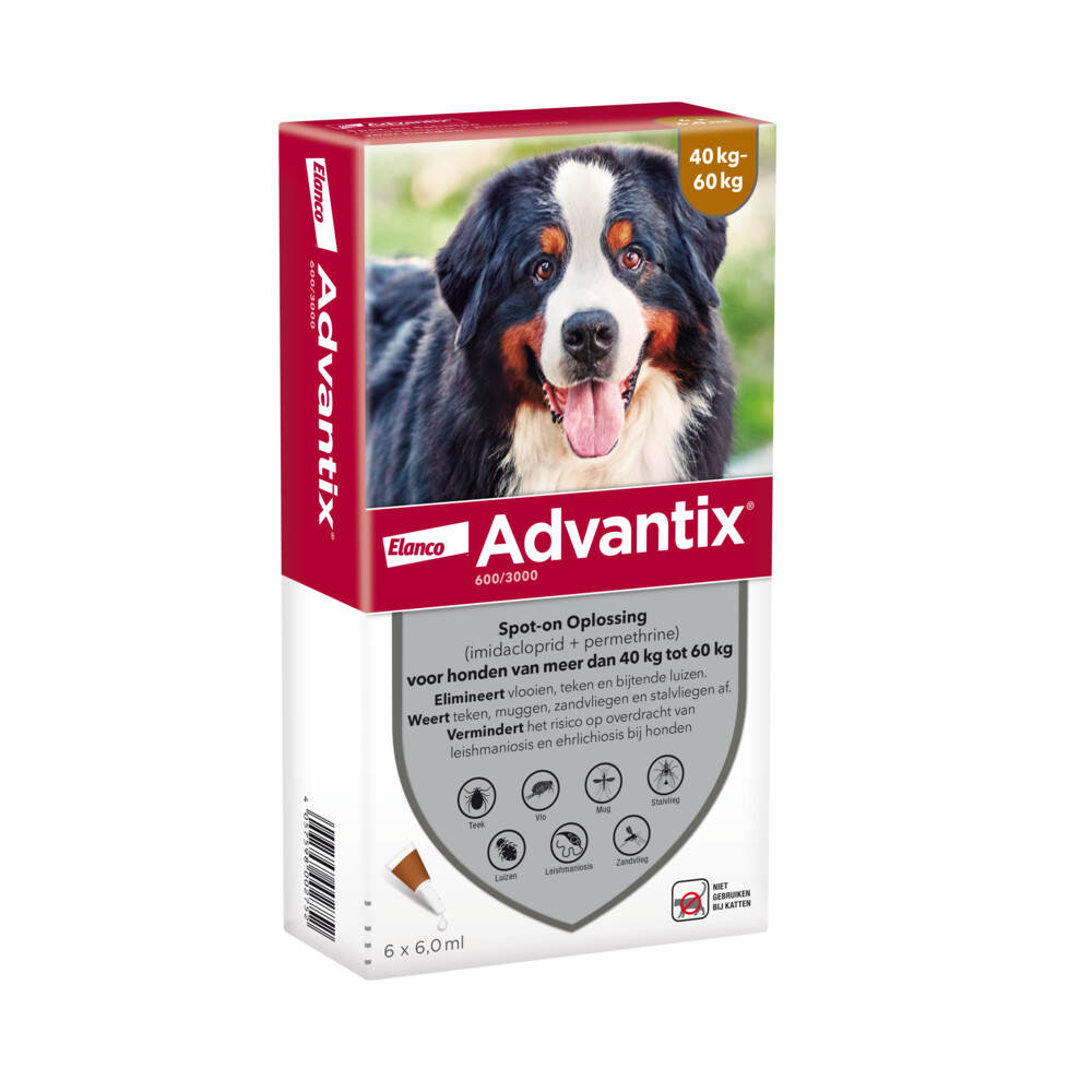 Advantix Spot On 600 Anti Vlooien en Teken Druppels Hond 40 - 60 kg 6 pipetten