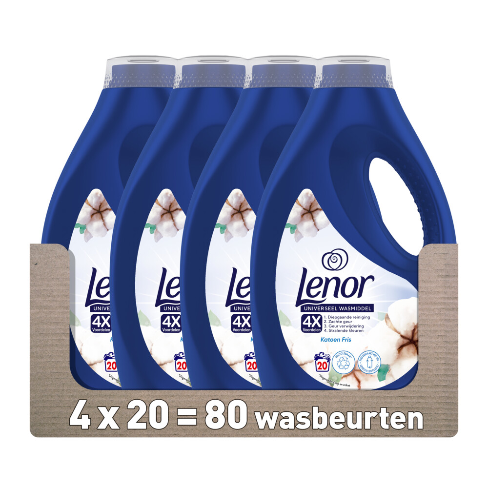 4x Lenor Vloeibaar Wasmiddel Katoen Fris 20 Wasbeurten 900 ml