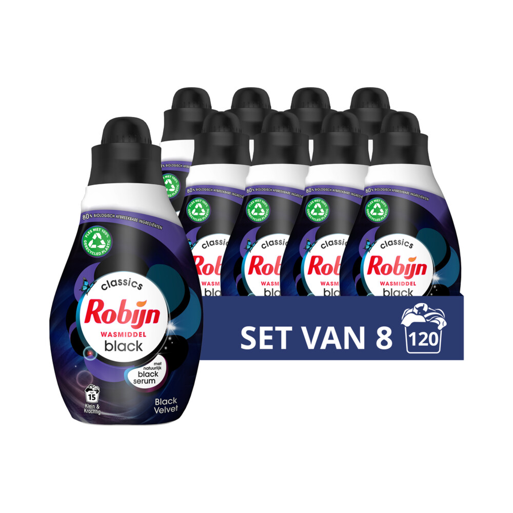 8x Robijn Klein&Krachtig Wasmiddel Black Velvet 525 ml