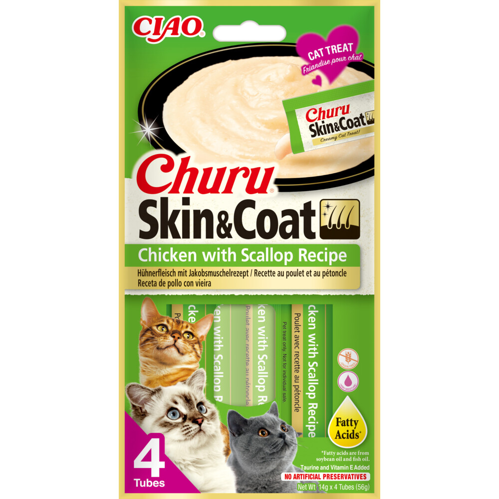 12x Ciao Churu Kattensnack Skin&Coat - Chicken&Scallop 4 x 14 gr