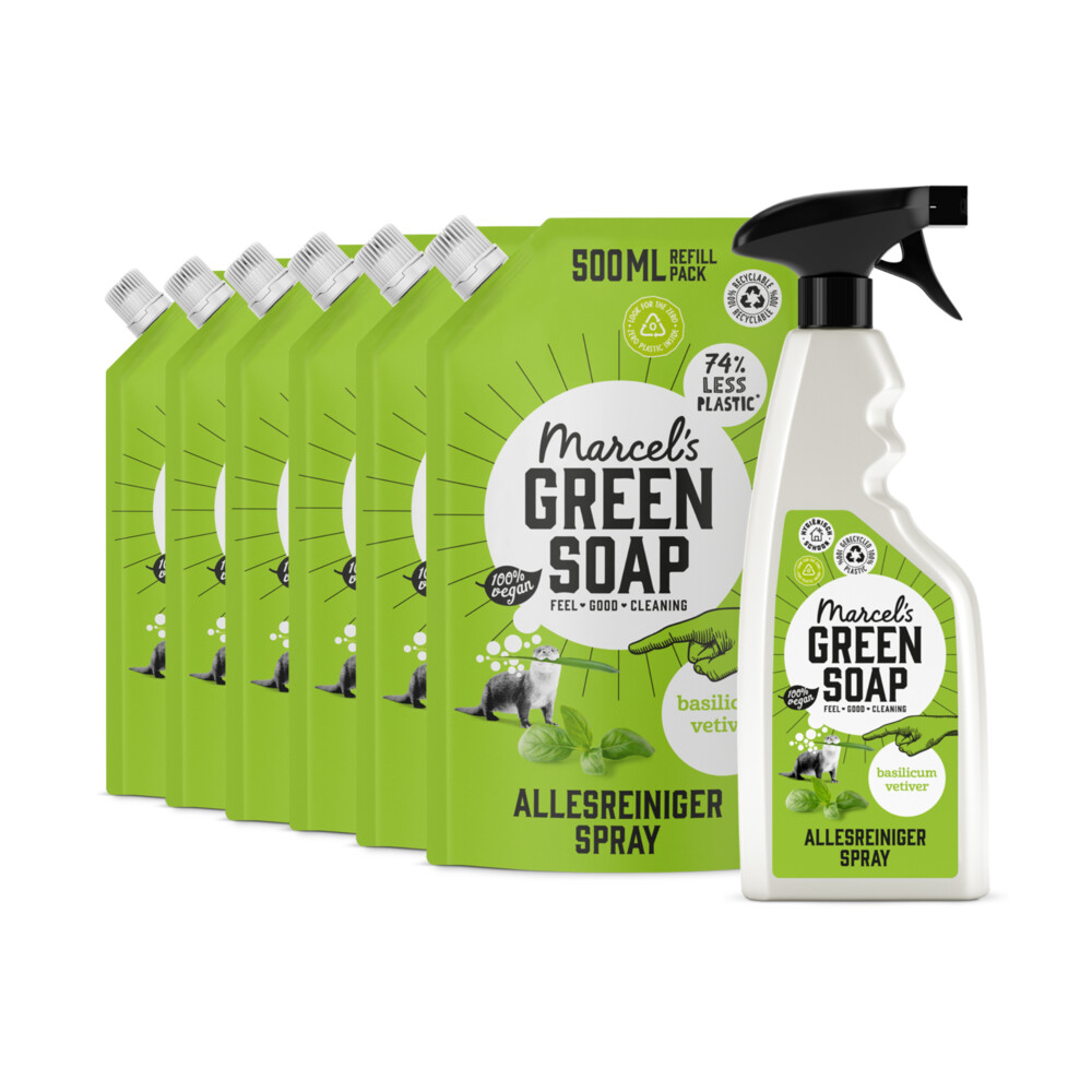 Marcel's Green Soap Allesreiniger Spray Basilicum&Vertivert Gras + 6 Navullingen Pakket