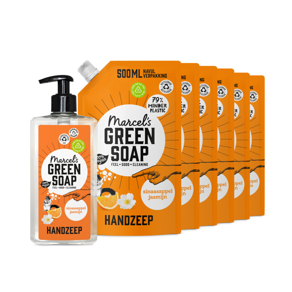 Marcel's Green Soap Handzeep Sinaasappel&Jasmijn 500 ml + 6 Navullingen Pakket