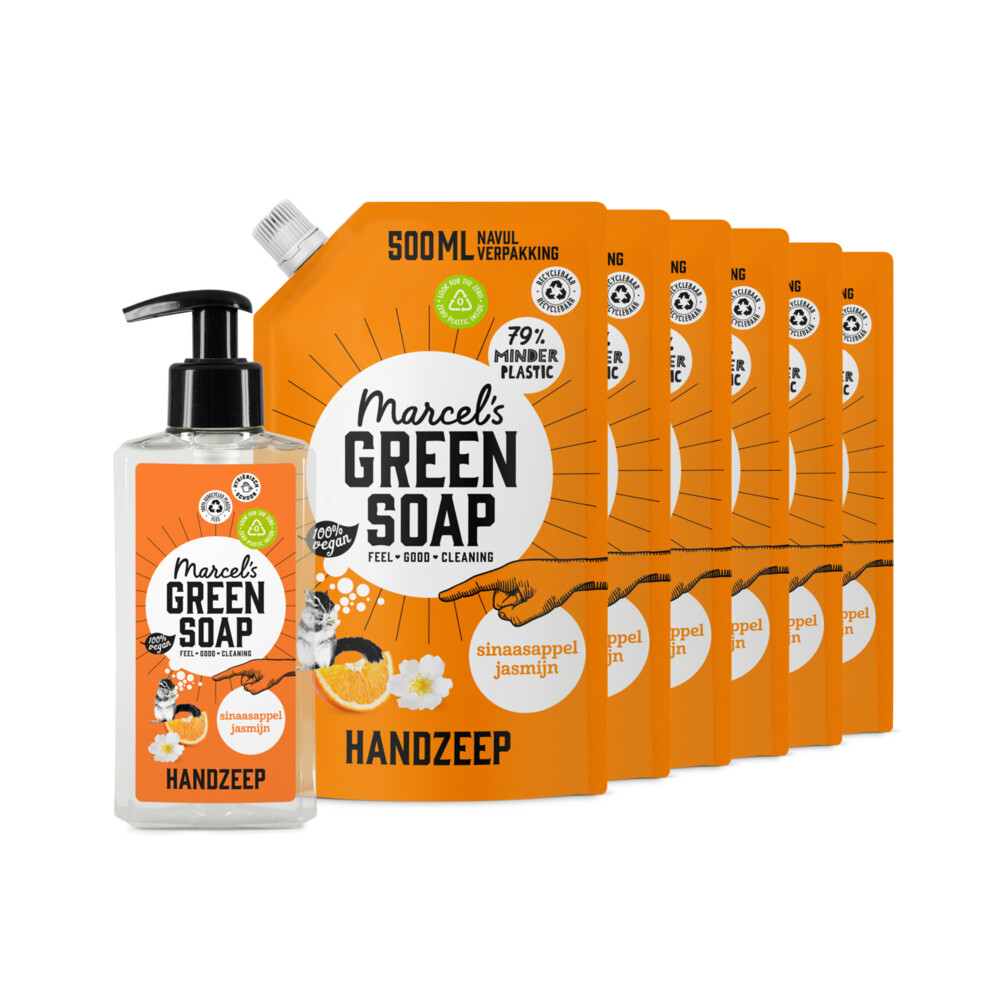 Marcel's Green Soap Handzeep Sinaasappel&Jasmijn 250 ml 6 Navullingen Pakket