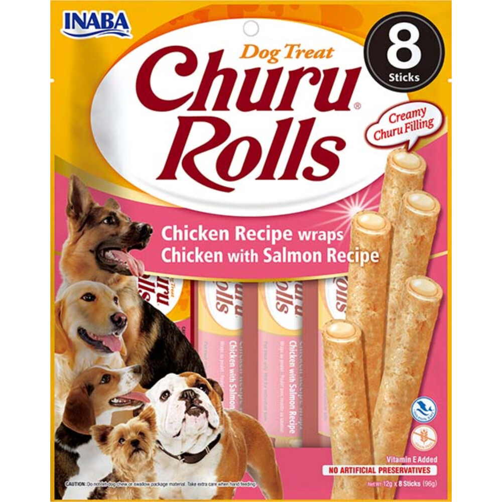 8x Inaba Churu Hondensnacks Rolls Chicken&Salmon Wraps 8 x 20 gr