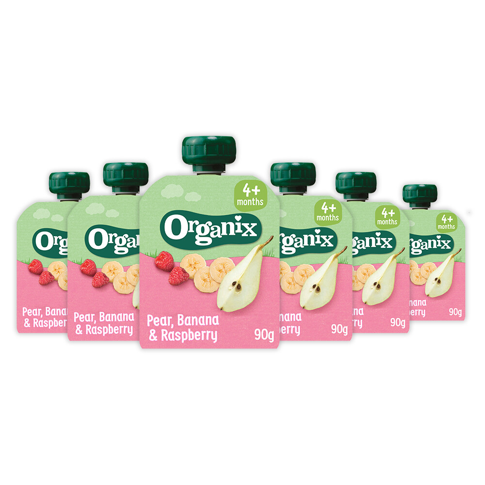 6x Organix Knijpfruit 4+m Peer, Banaan&Framboos 90 gr