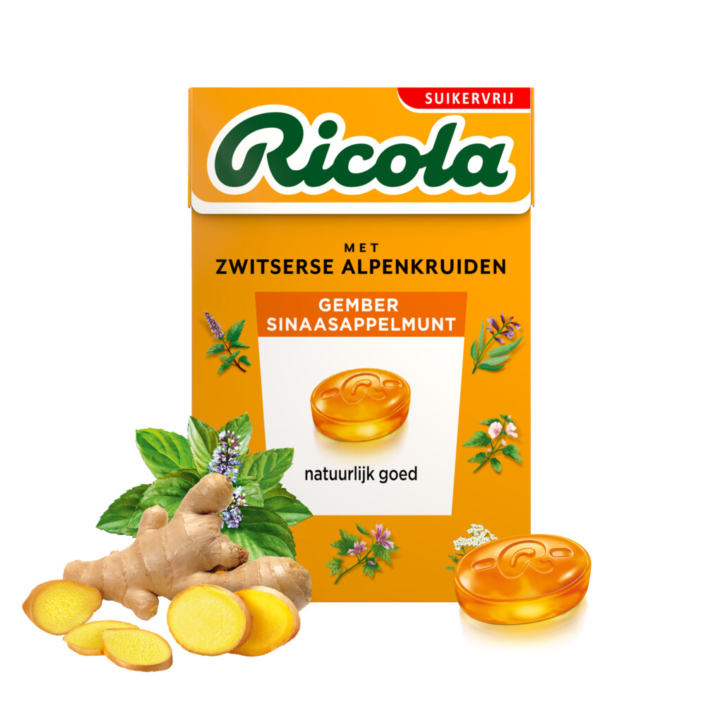 Ricola Gember Sinaasappelmunt Suikervrij Doosje 50 gr