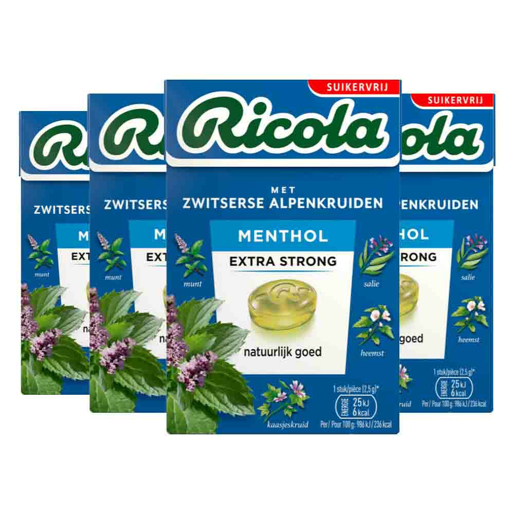 4x Ricola Menthol Extra Strong Suikervrij Doosje 50 gr