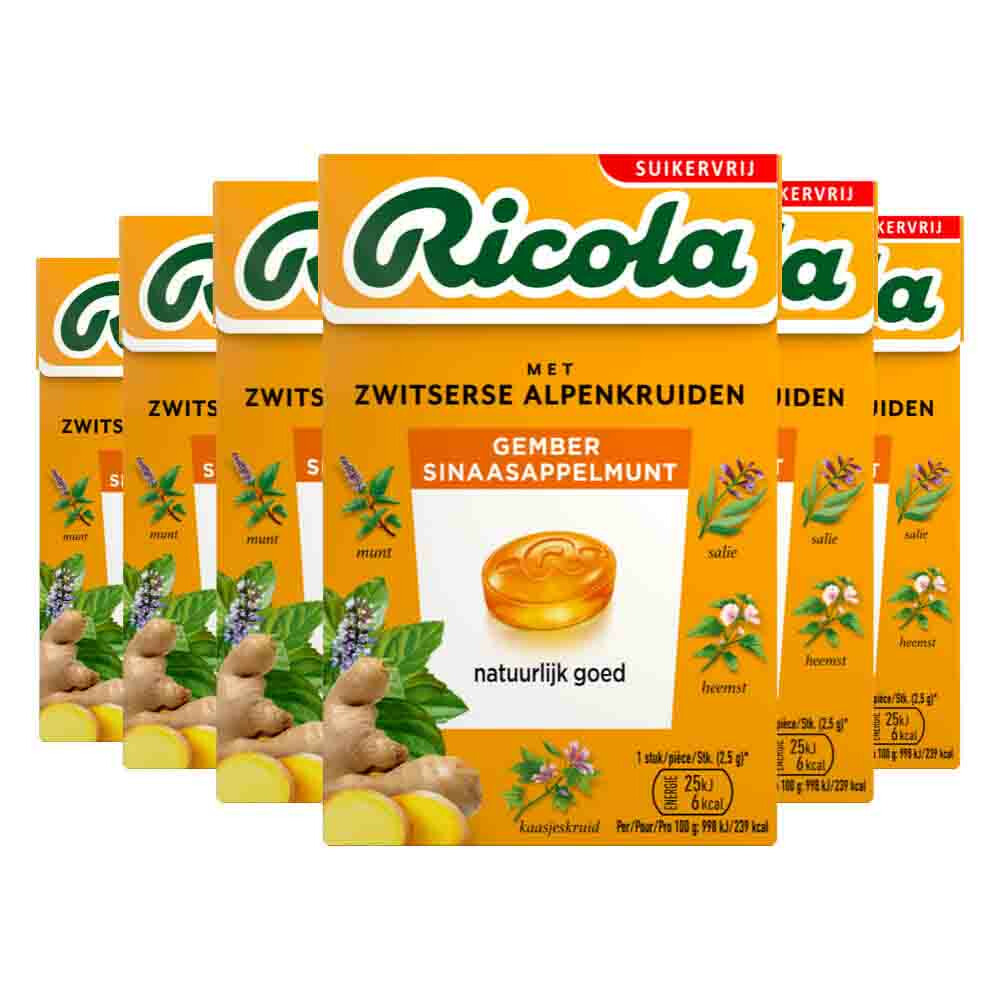 6x Ricola Gember Sinaasappelmunt Suikervrij Doosje 50 gr