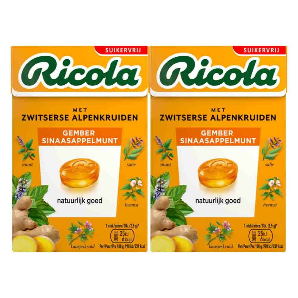 2x Ricola Gember Sinaasappelmunt Suikervrij Doosje 50 gr