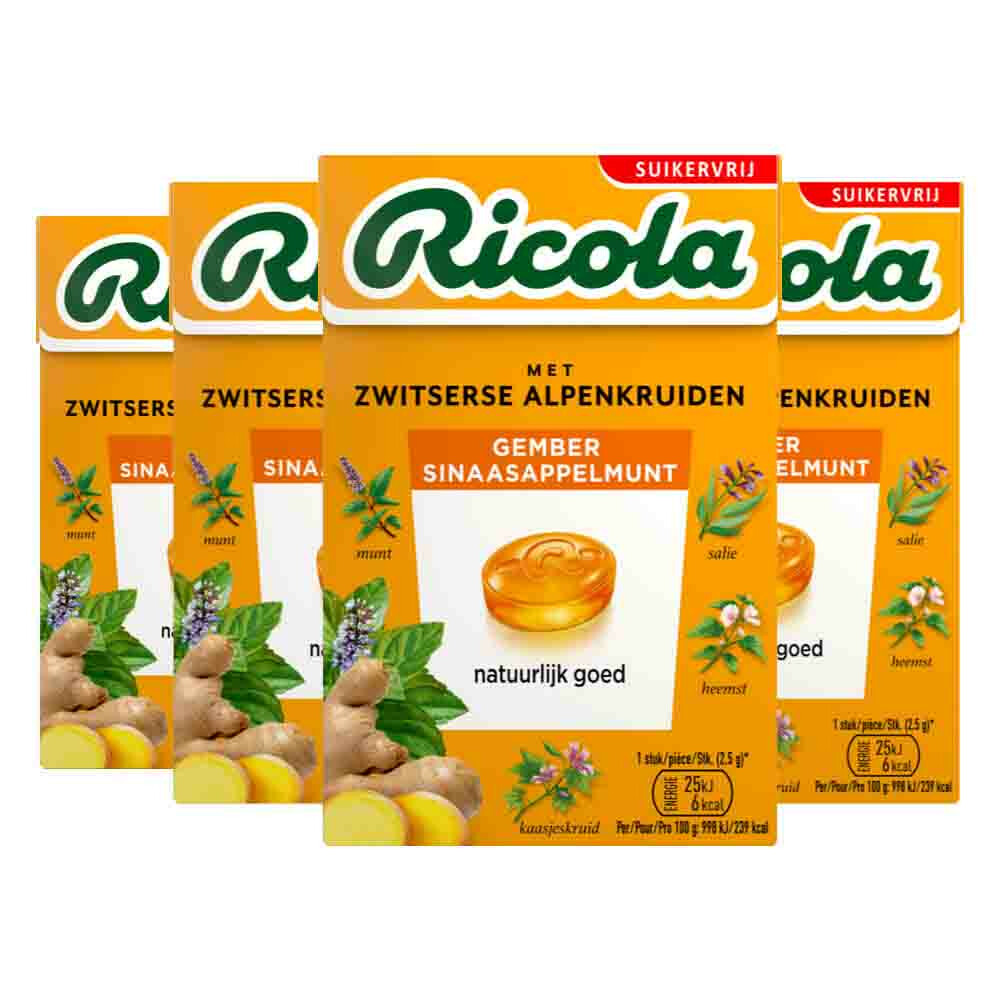 4x Ricola Gember Sinaasappelmunt Suikervrij Doosje 50 gr