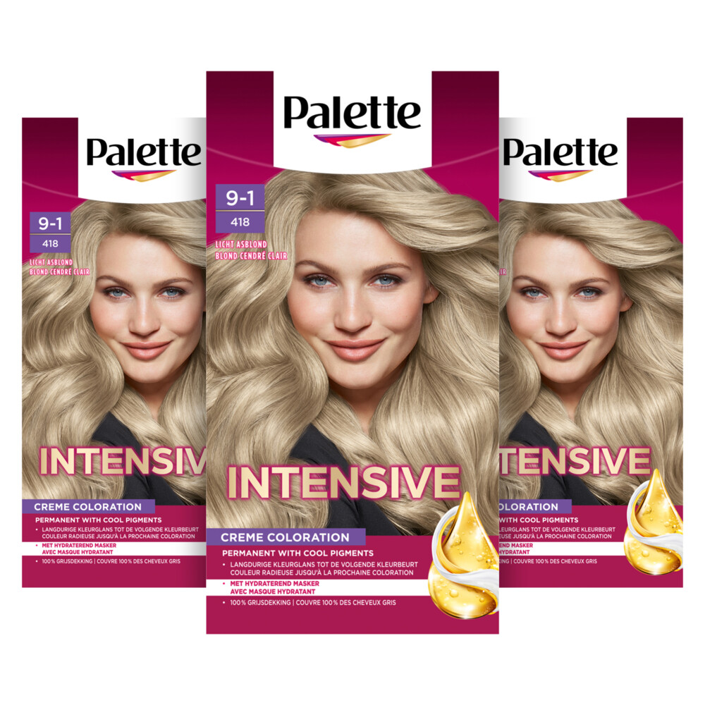 3x Poly Palette Intensive Creme Haarkleuring 418 Licht Asblond Blond