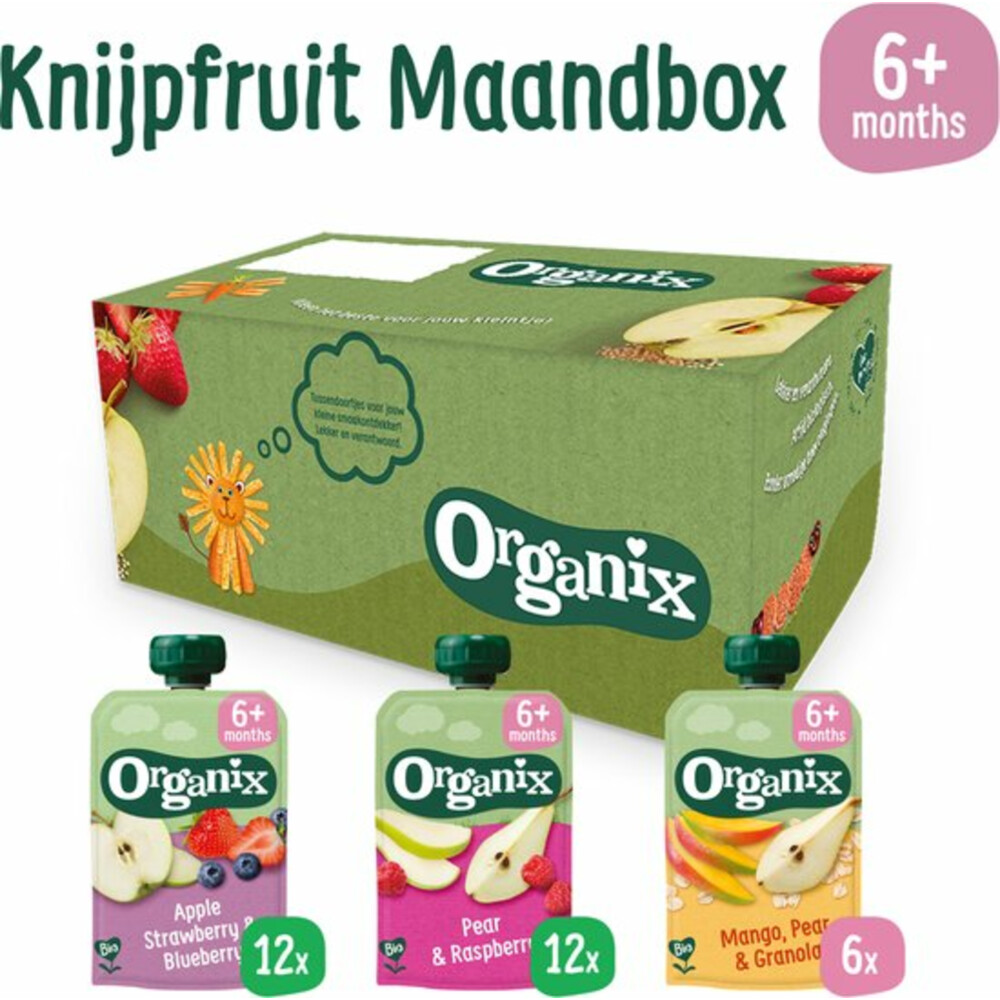 Organix Knijpfruit Maandbox 6+ mnd - Appel Aardbei&Blauwe Bes 12 x 100 gr + Peer&Framboos 12 x 100 gr + Mango Peer&Granola 6 x 100 gr Pakket