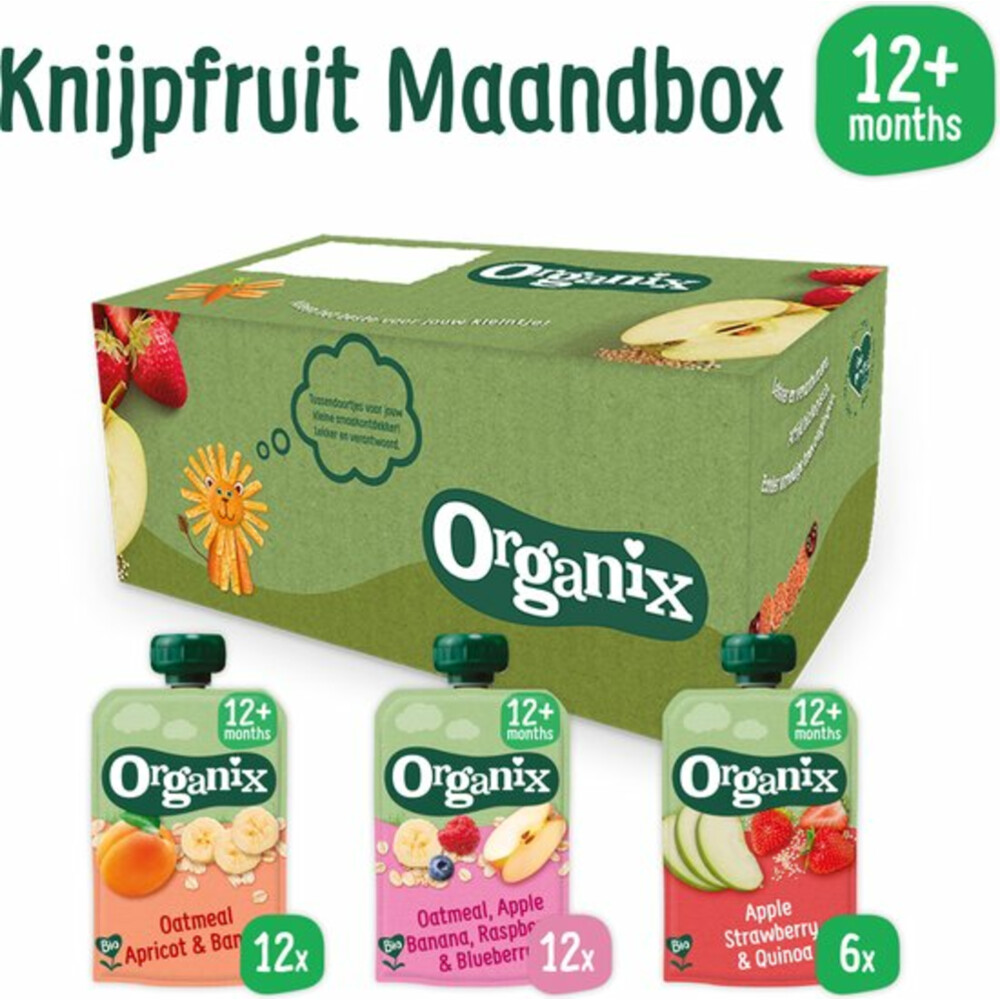 Organix Knijpfruit Maandbox 12+ mnd Havermout Abrikoos&Banaan 12 x 100 gr + Haver Appel&Banaan 12 x 