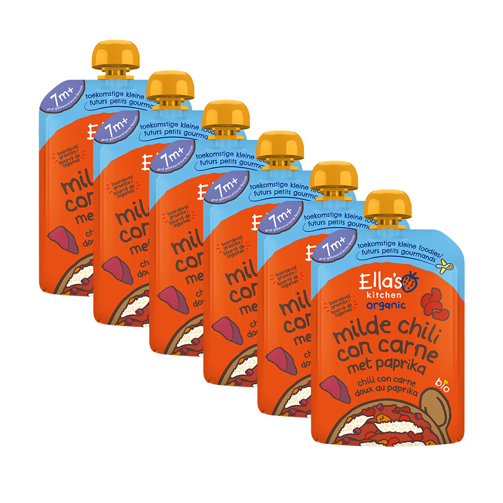 6x Ella's Kitchen Maaltijdzakje 7+ m Milde Chili Con Carne Paprika 130 gr