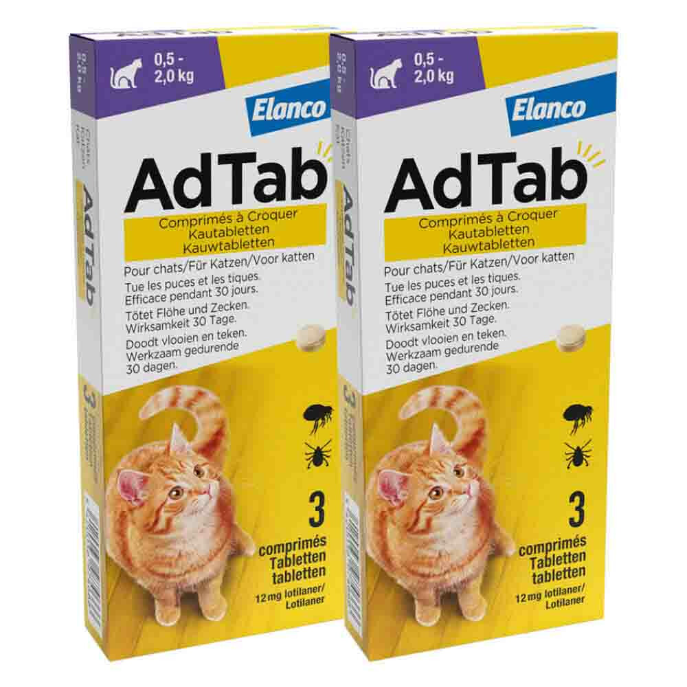 2x AdTab Anti Vlo en Teek Kauwtabletten Kat 0,5-2,0 kg 3 tabletten